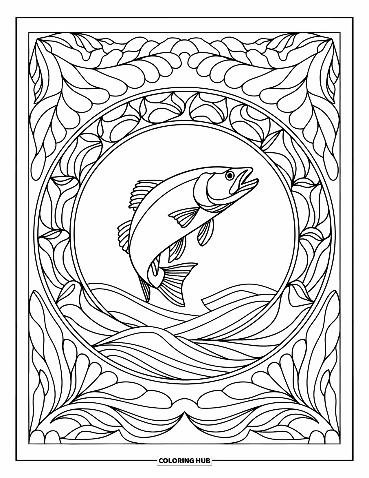 Desenho de Pescaria para Colorir para Adultos: Um peixe salta da água, cercado por ondas de vitral e redemoinhos de folhas