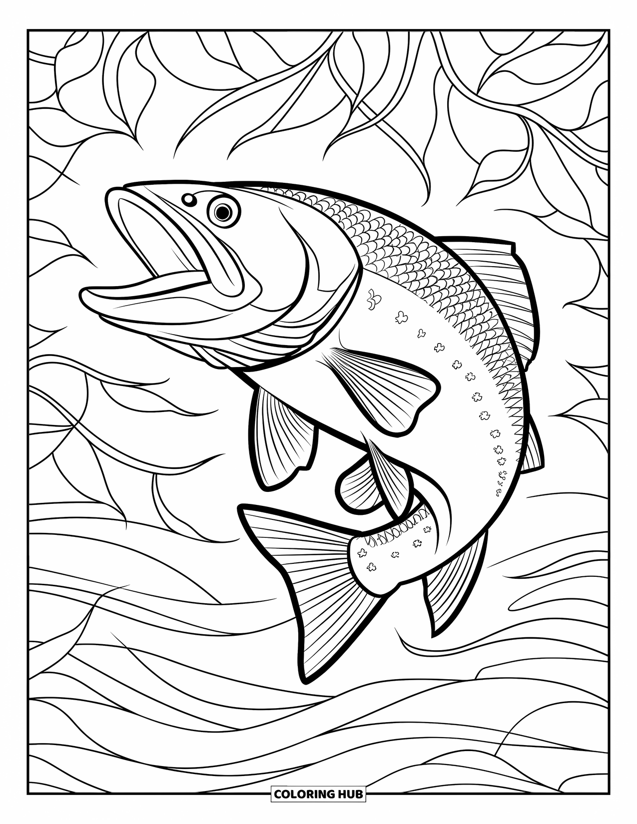 Desenho de pesca para colorir para adultos: Um peixe salta alto com ondas de vitral e folhas girando ao redor dele