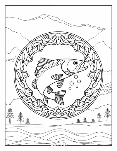 Fishing Coloring Page for Adults: A fish leaps mid-catch, surrounded by stained glass leaves and wave patterns