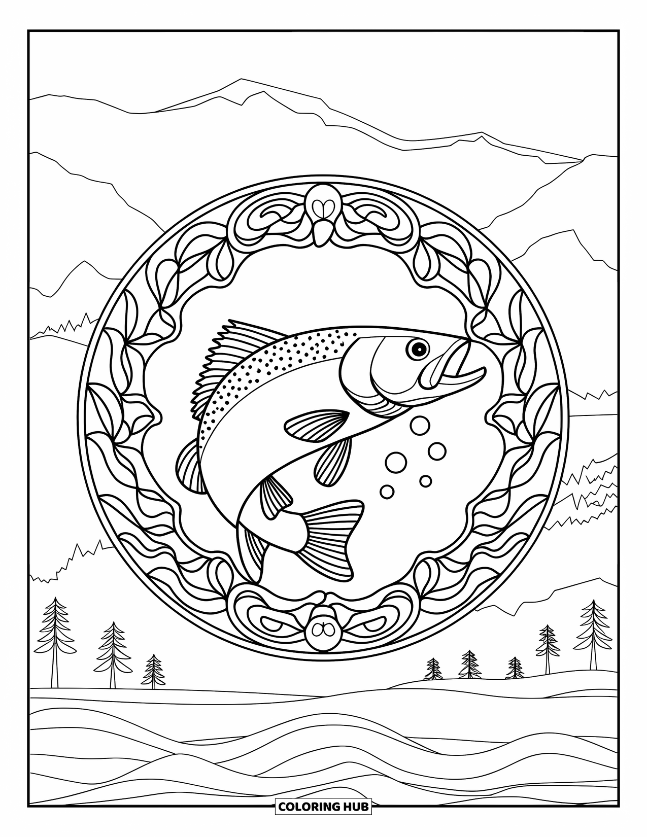 Desenho de Pescaria para Colorir para Adultos: Um peixe salta no meio da captura, cercado por folhas de vitral e padrões de ondas