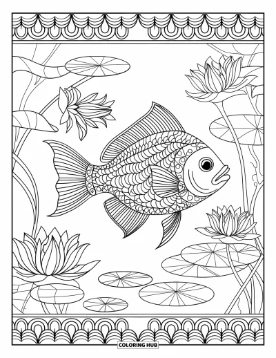 Fishing Coloring Page for Adults: A fish swims peacefully among lotus flowers and intricate mandala patterns