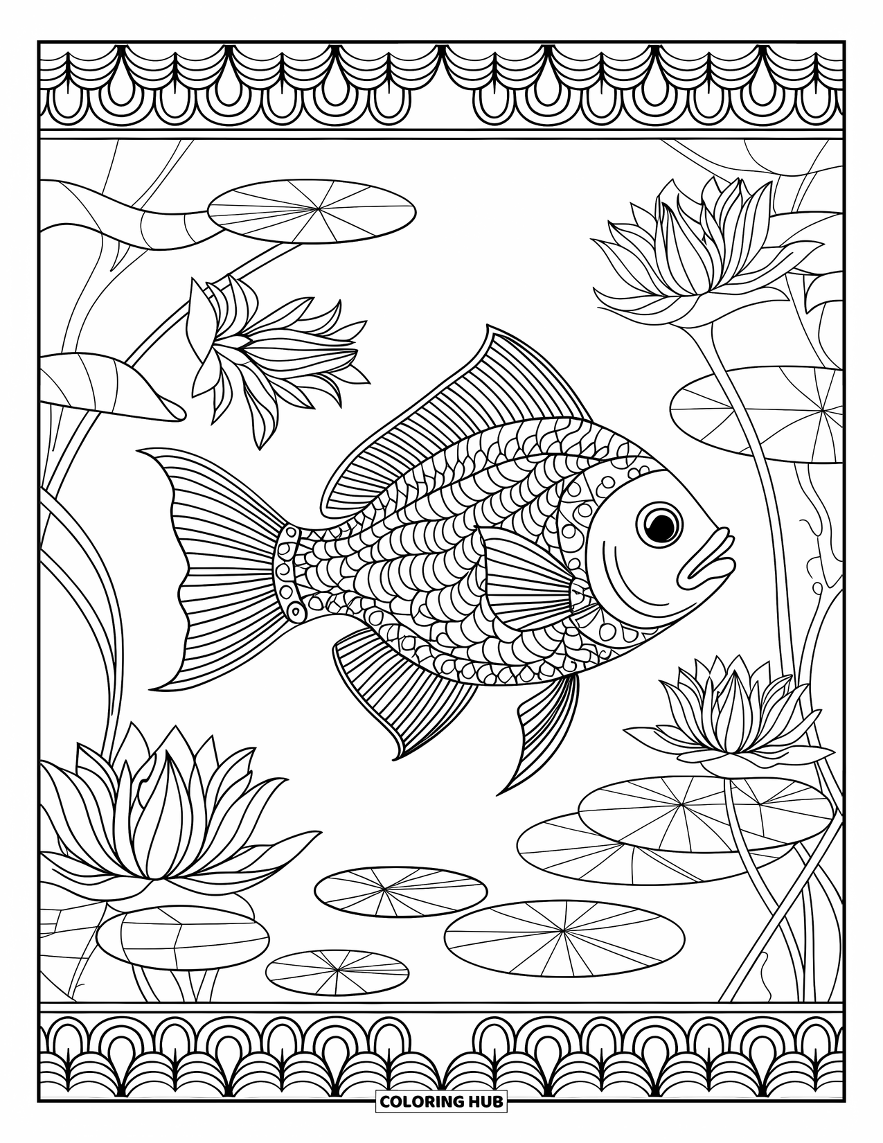 Desenho de Pescaria para Colorir para Adultos: Um peixe nada pacificamente entre flores de lótus e padrões de mandala intrincados