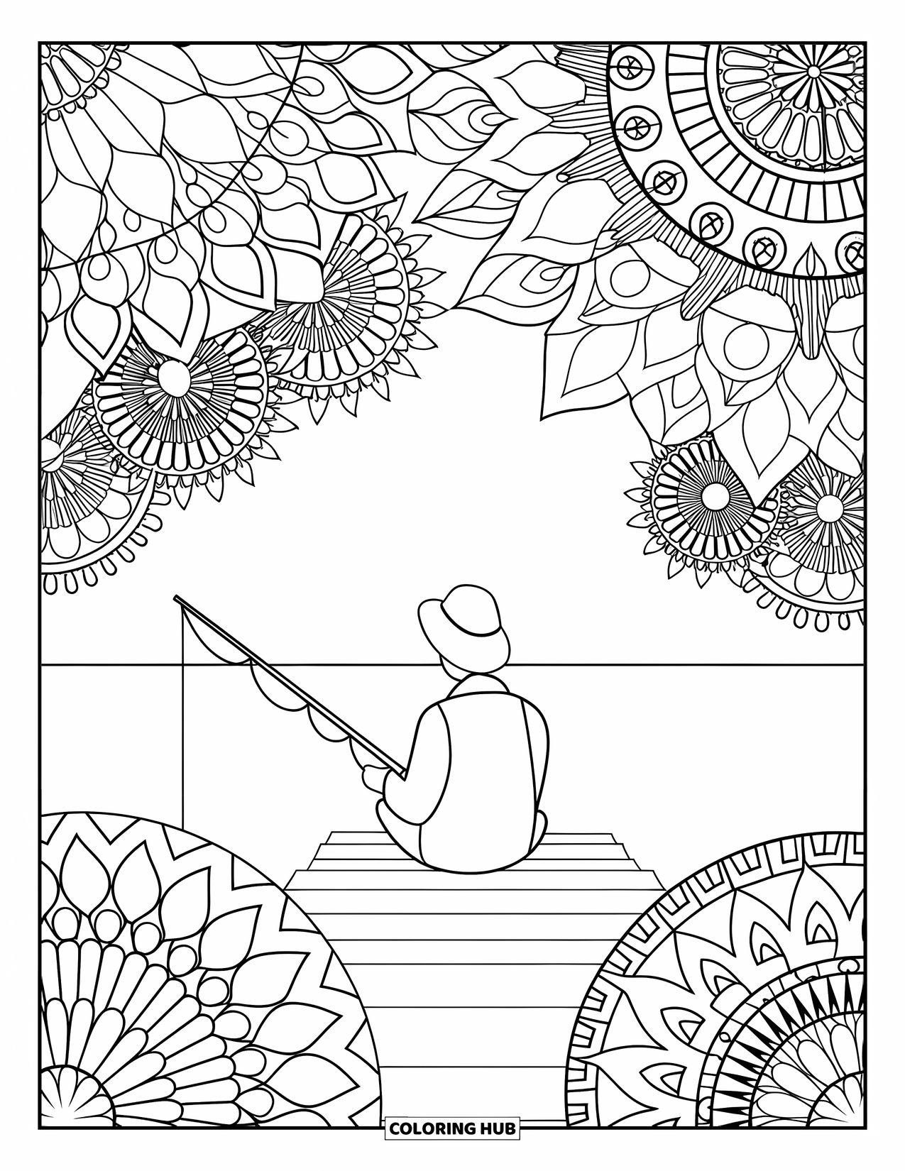 Desenho de Pescaria para Colorir para Adultos: Um pescador senta-se em uma doca cercada por mandalas florais florescendo