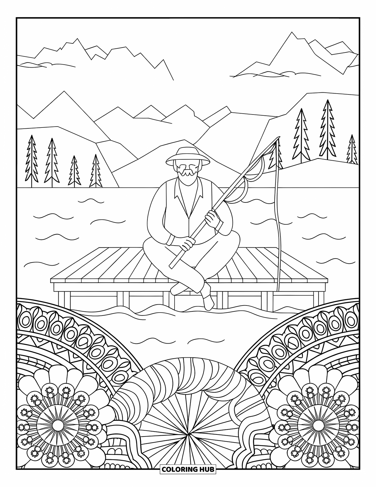 Desenho de Pescaria para Colorir para Adultos: Um pescador senta-se em uma doca cercada por mandalas florescendo e vistas da montanha