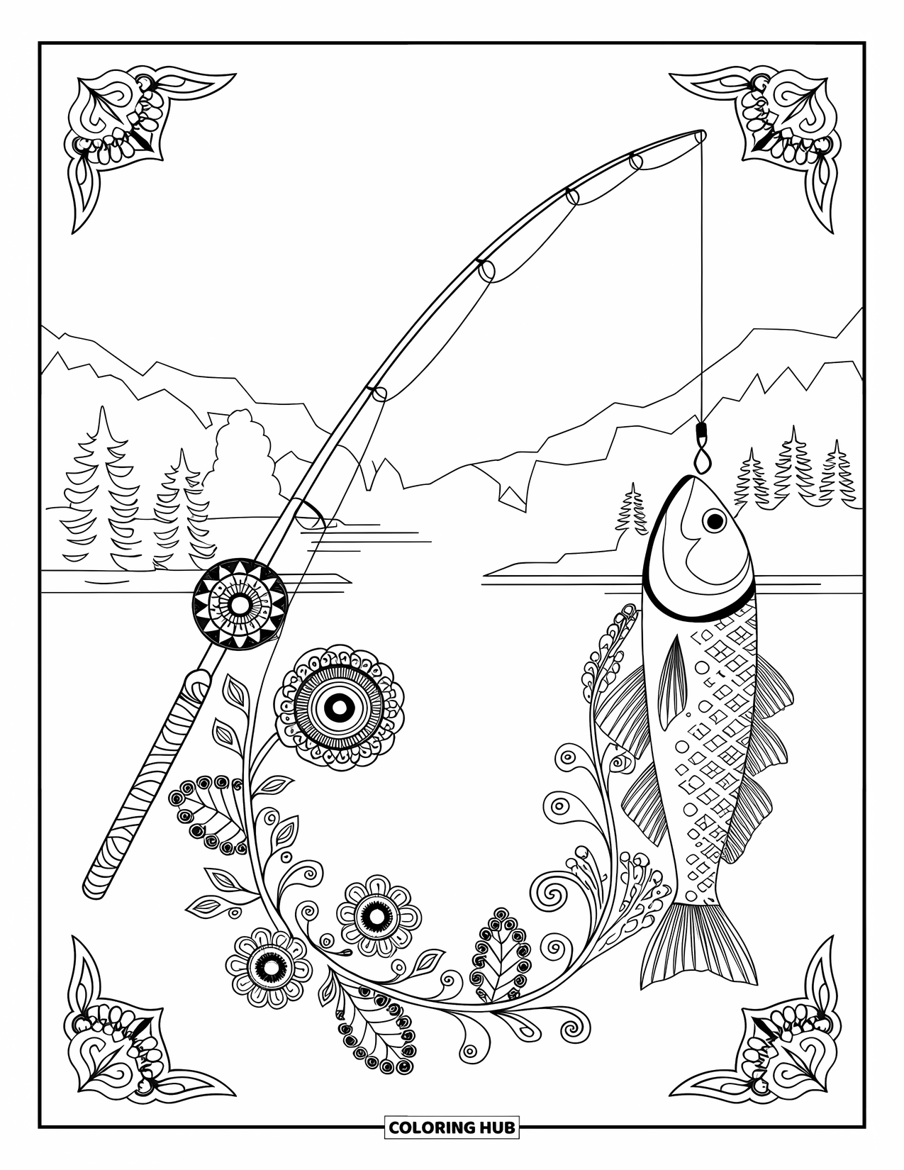Desenho de Pescaria para Colorir para Adultos: Uma vara de pesca com um peixe fisgado é envolvida em mandalas de videiras florais