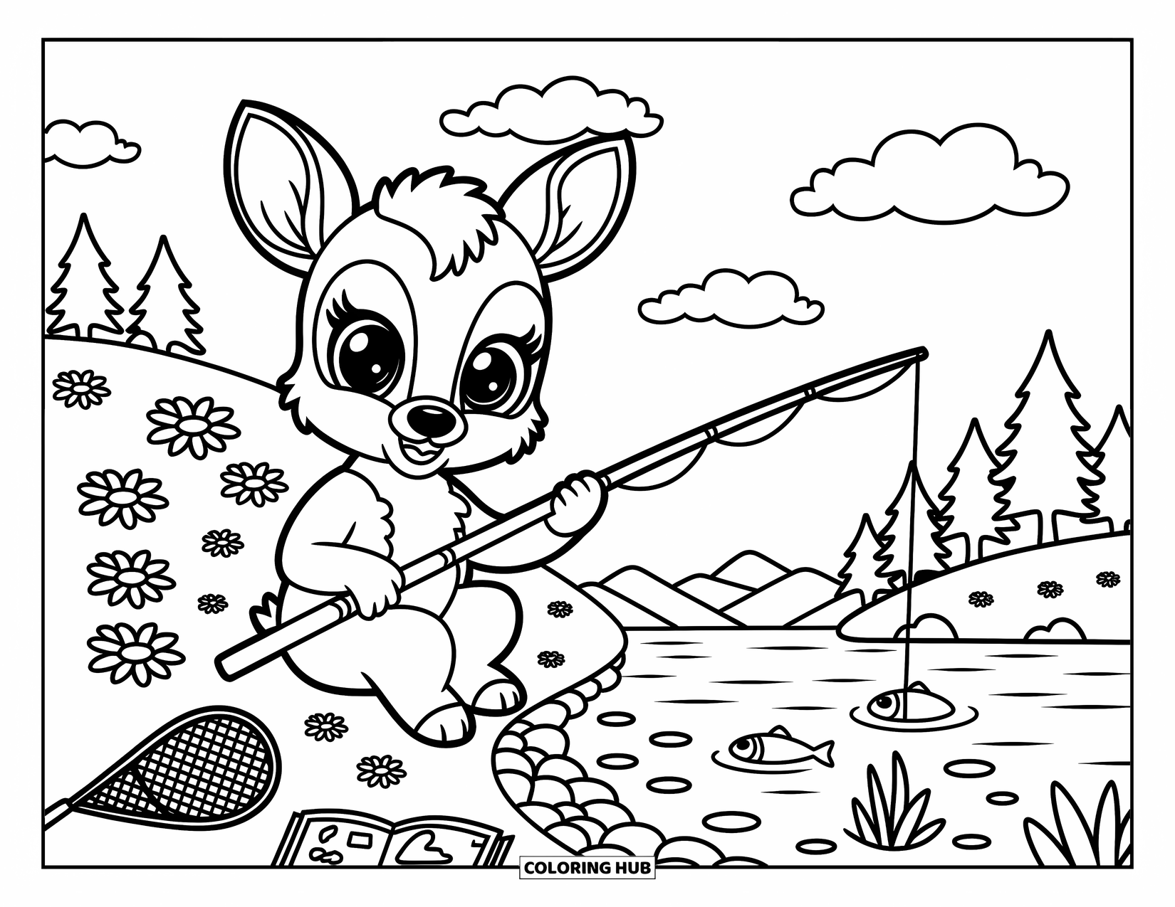 Desenho de Pescaria para Colorir para Adultos: Um cervo gentil pesca perto de um lago com peixes brincalhões e detalhes aconchegantes da floresta ao redor