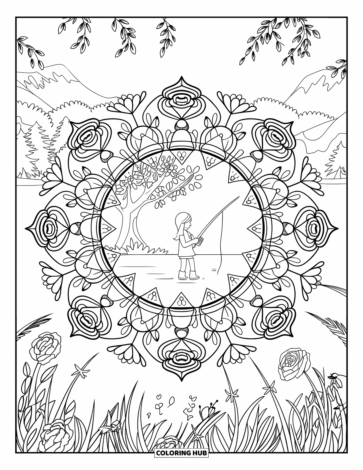 Desenho de Pescaria para Colorir para Adultos: Uma garota pesca sob uma árvore, cercada por uma mandala de rosas e flores silvestres