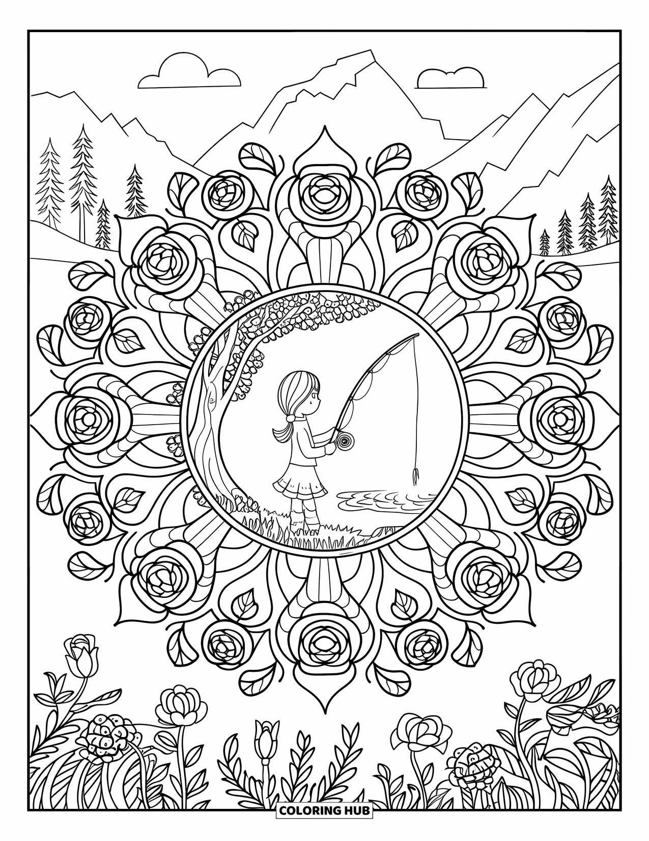Desenho de pesca para colorir para adultos: Uma garota pescando sob uma árvore é emoldurada por arte de mandala de flores silvestres e rosas
