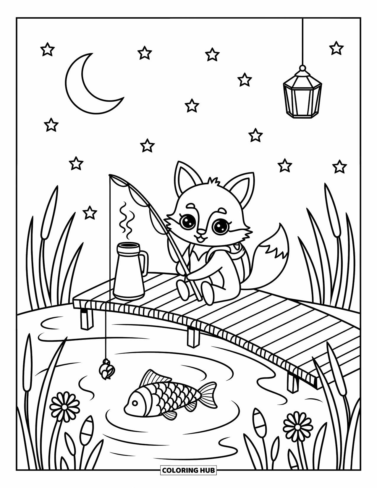 Desenho de Pescaria para Colorir para Adultos: Uma raposa kawaii pesca ao luar com flores noturnas, estrelas e um termo aconchegante