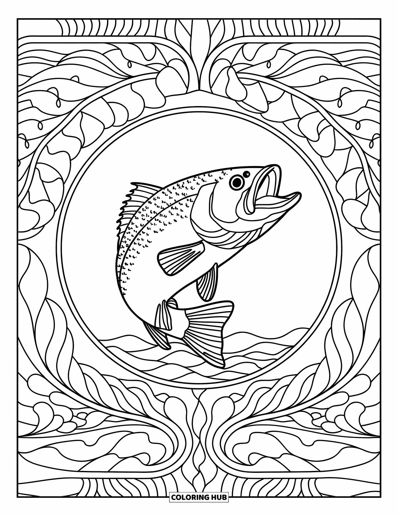 Desenho de pesca para colorir para adultos: Um peixe saltando é emoldurado por padrões de ondas e folhas em estilo de vitral