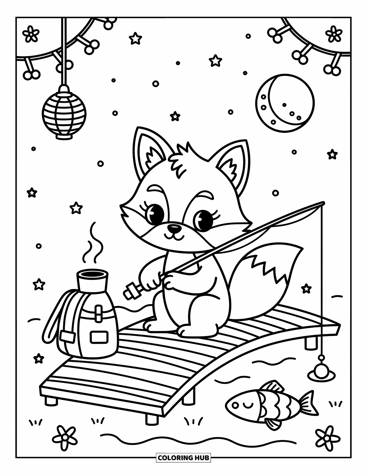 Desenho de Pescaria para Colorir para Adultos: Uma pequena raposa pesca sob as estrelas com uma lanterna, um termo e peixes sonolentos por perto