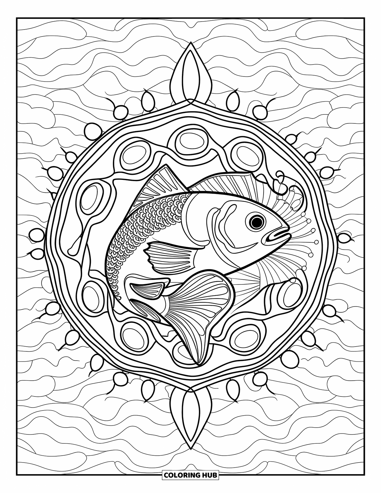 Desenho de Pescaria para Colorir para Adultos: Um peixe mandala nada através de círculos e redemoinhos com linhas elegantes e fluidas