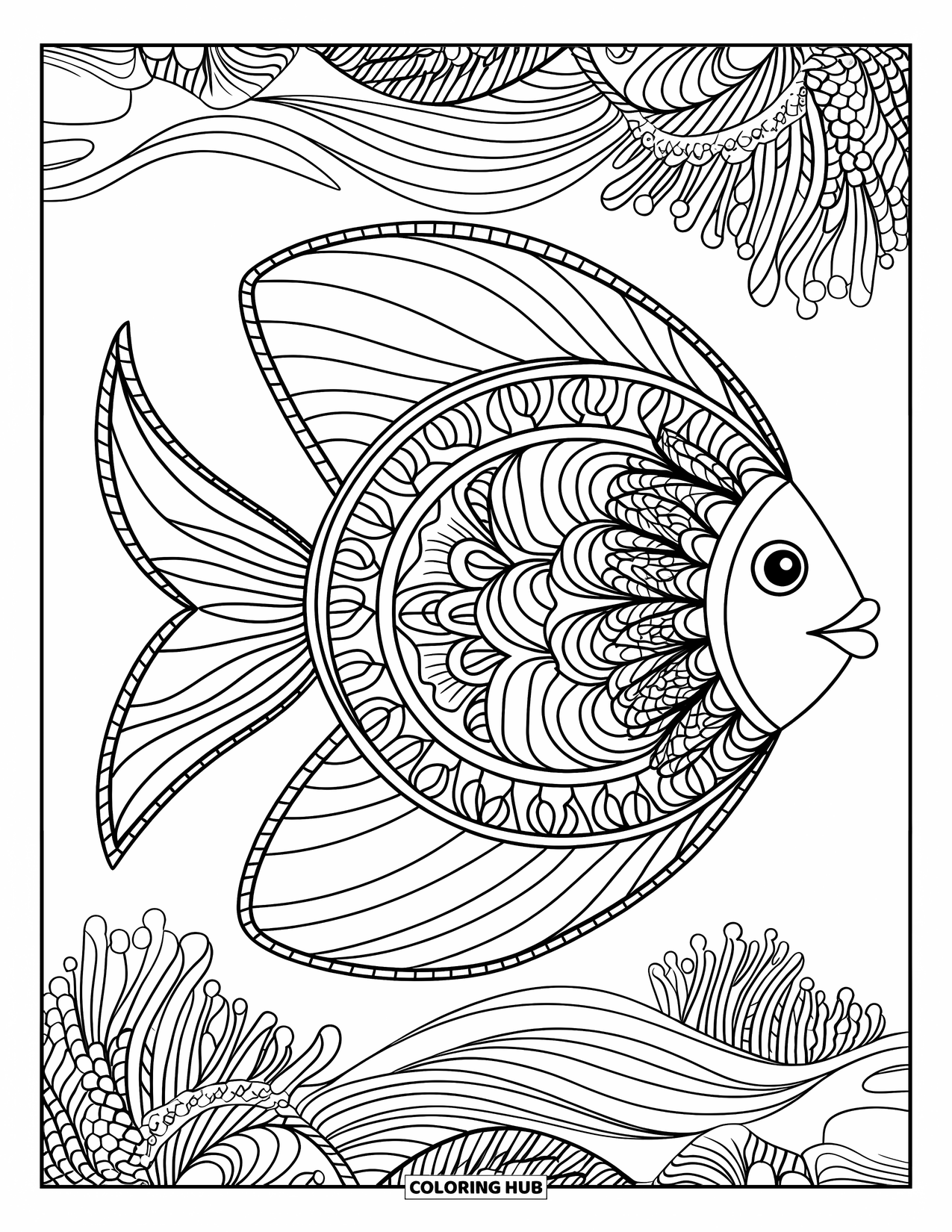 Desenho de Pescaria para Colorir para Adultos: Um peixe mandala nada através de ondas, recifes de coral e bordas decorativas