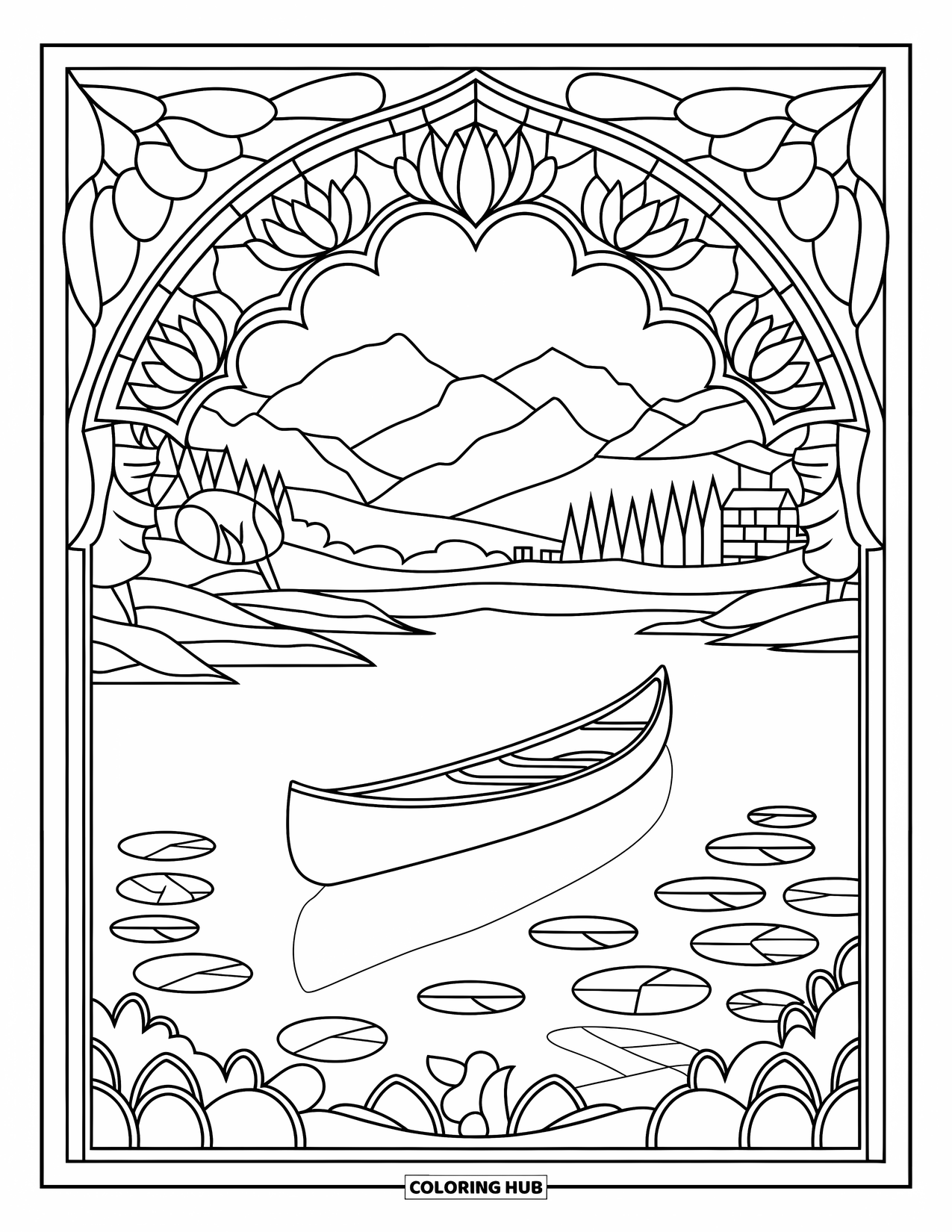 Desenho de Pescaria para Colorir para Adultos: Uma canoa tranquila flutua em um lago, emoldurada por flores e árvores de vitral