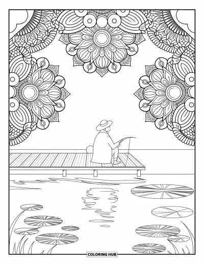 Fishing Coloring Page for Adults: A peaceful fisherman relaxes on a dock framed by floral mandalas and lake reflections