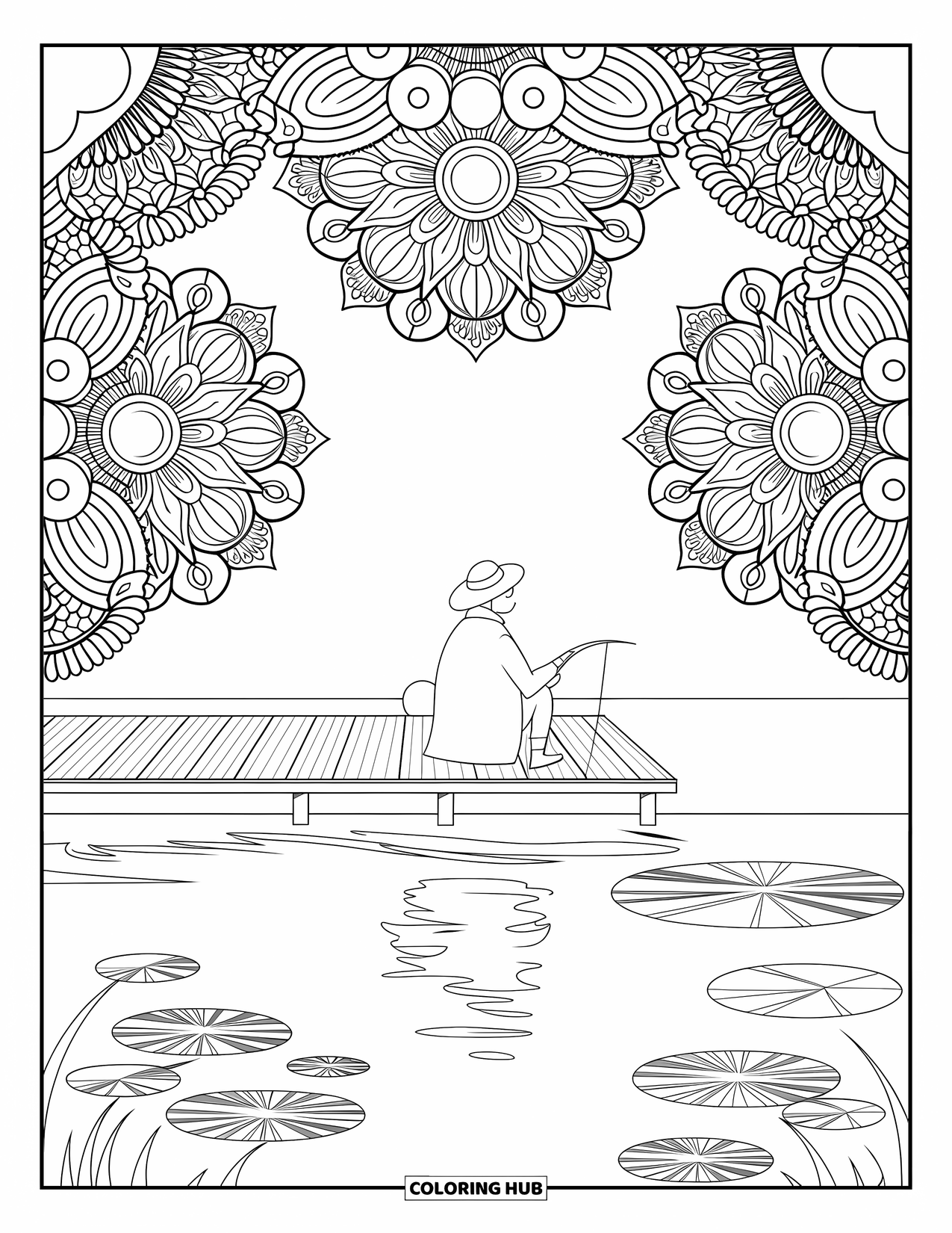 Desenho de Pescaria para Colorir para Adultos: Um pescador tranquilo relaxa em uma doca emoldurada por mandalas florais e reflexos do lago