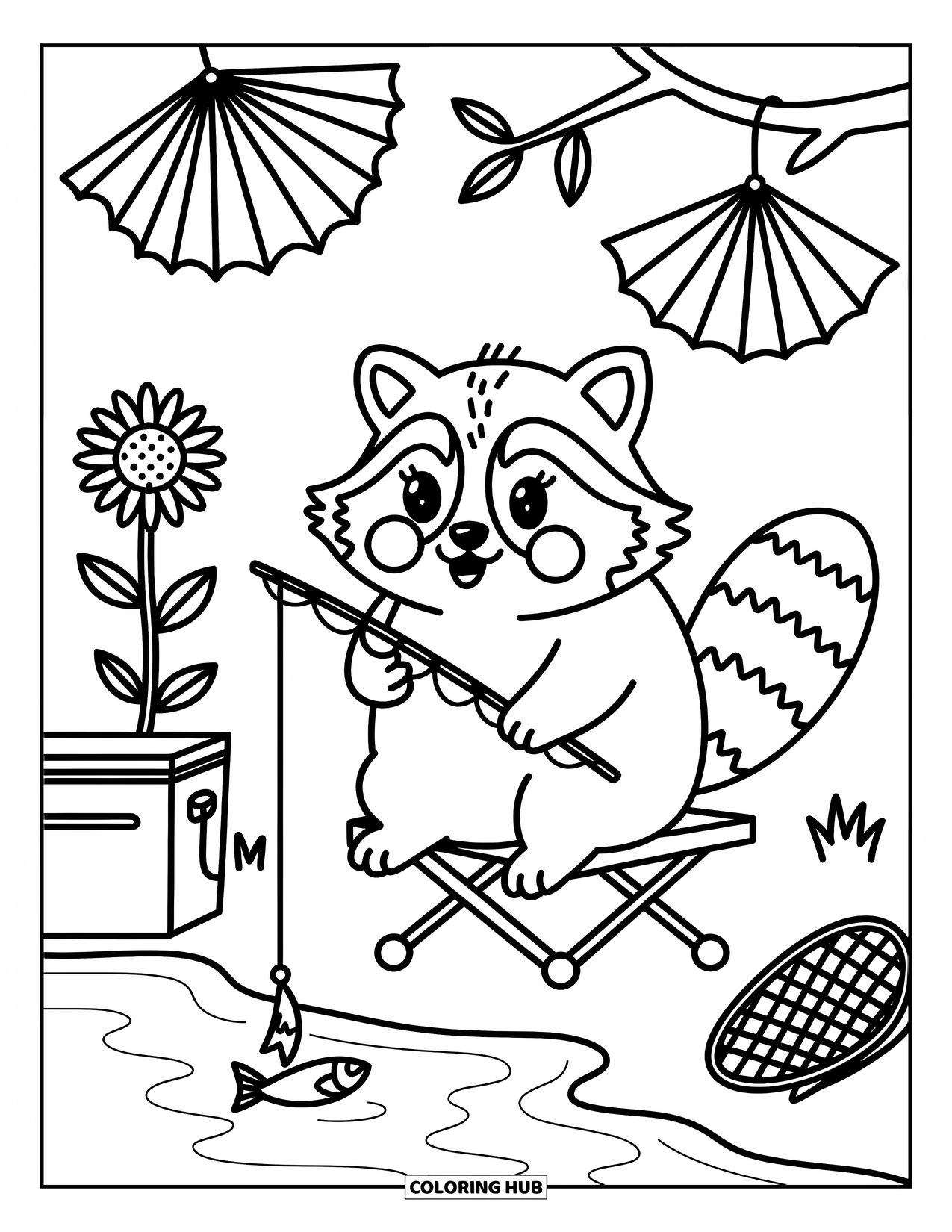Desenho de Pescaria para Colorir para Adultos: Um guaxinim redondo pesca perto da água com um girassol, um leque e um cooler por perto