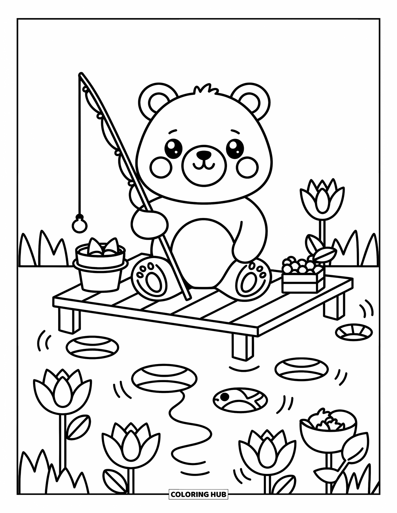 Desenho de Pescaria para Colorir para Adultos: Um urso doce pesca em uma doca com lanches e um peixe curioso espiando perto da bóia