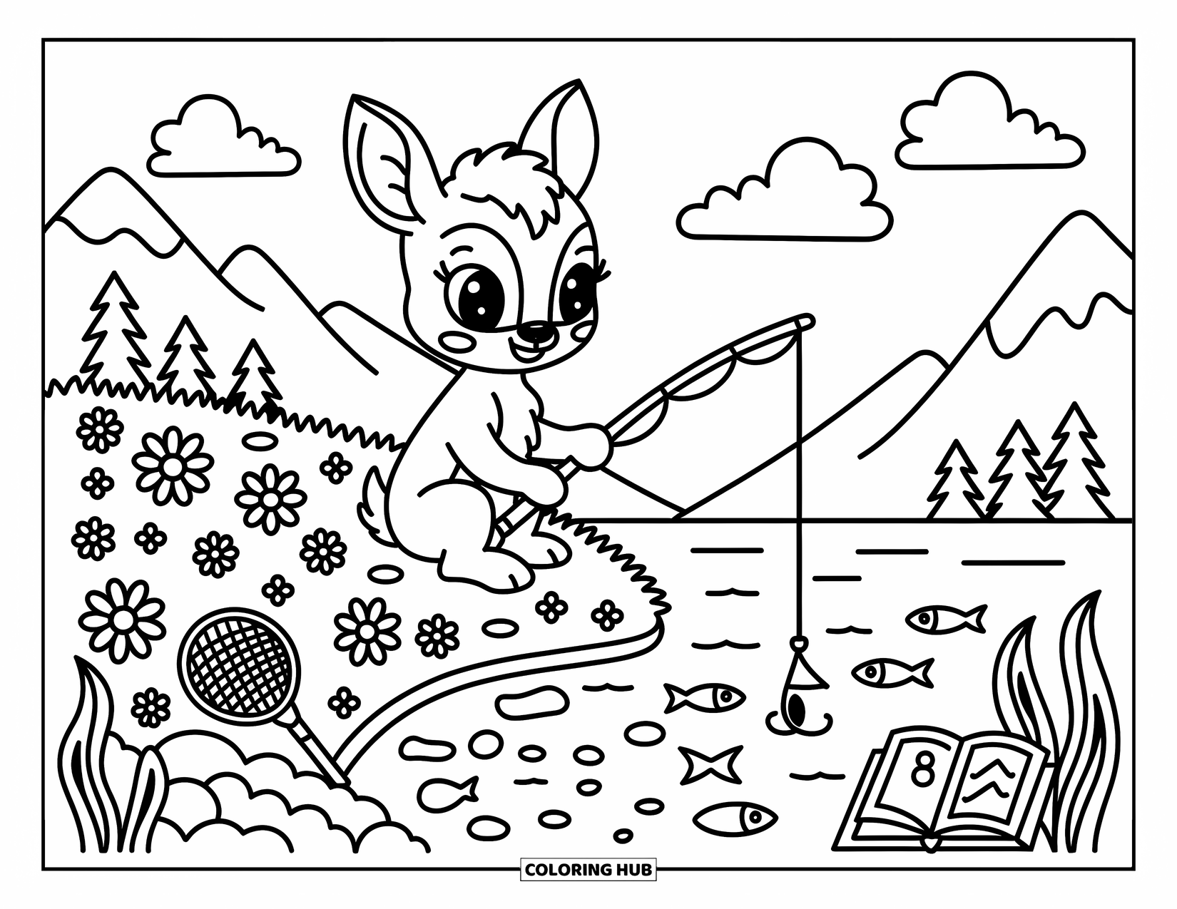 Desenho de Pescaria para Colorir para Adultos: Um cervo doce pesca perto do lago com uma rede, um livro e nuvens preguiçosas acima