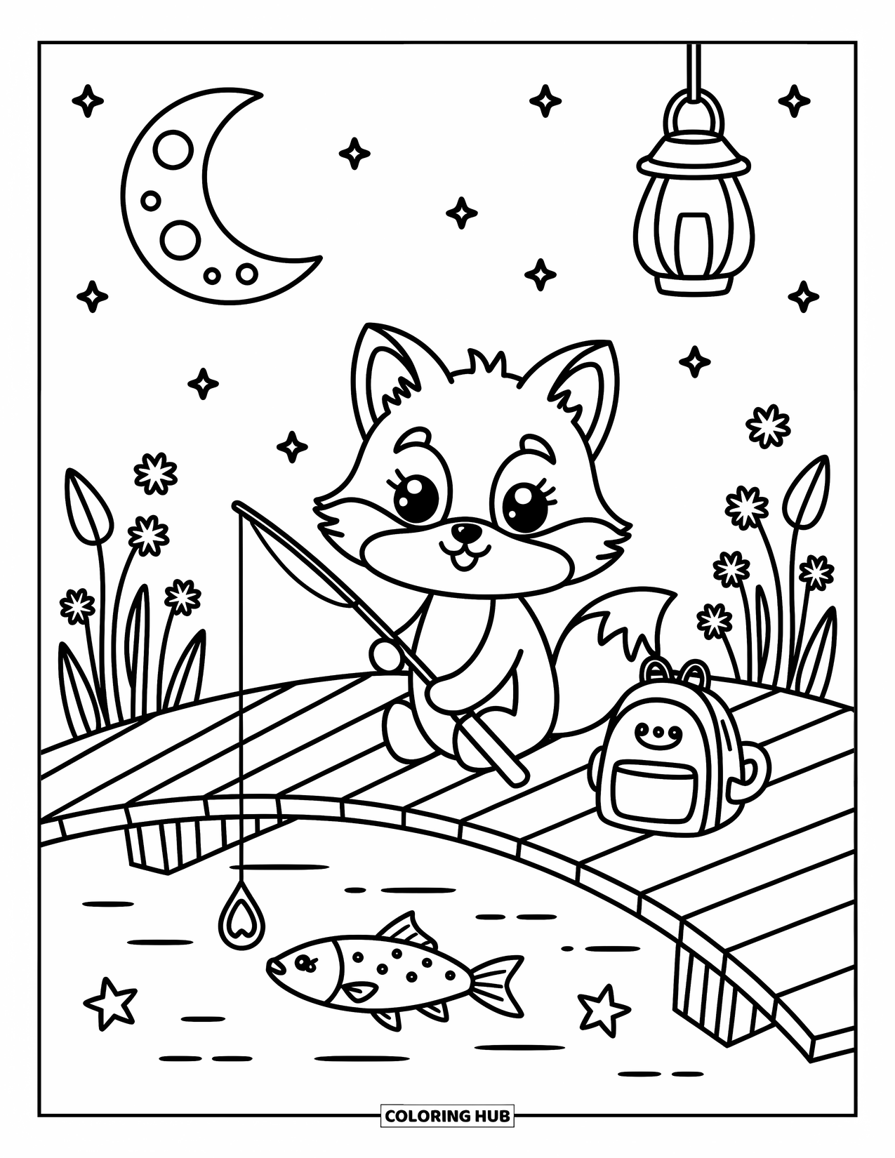 Desenho de Pescaria para Colorir para Adultos: Uma pequena raposa pesca à noite com uma lanterna, estrelas suaves e flores delicadas ao redor