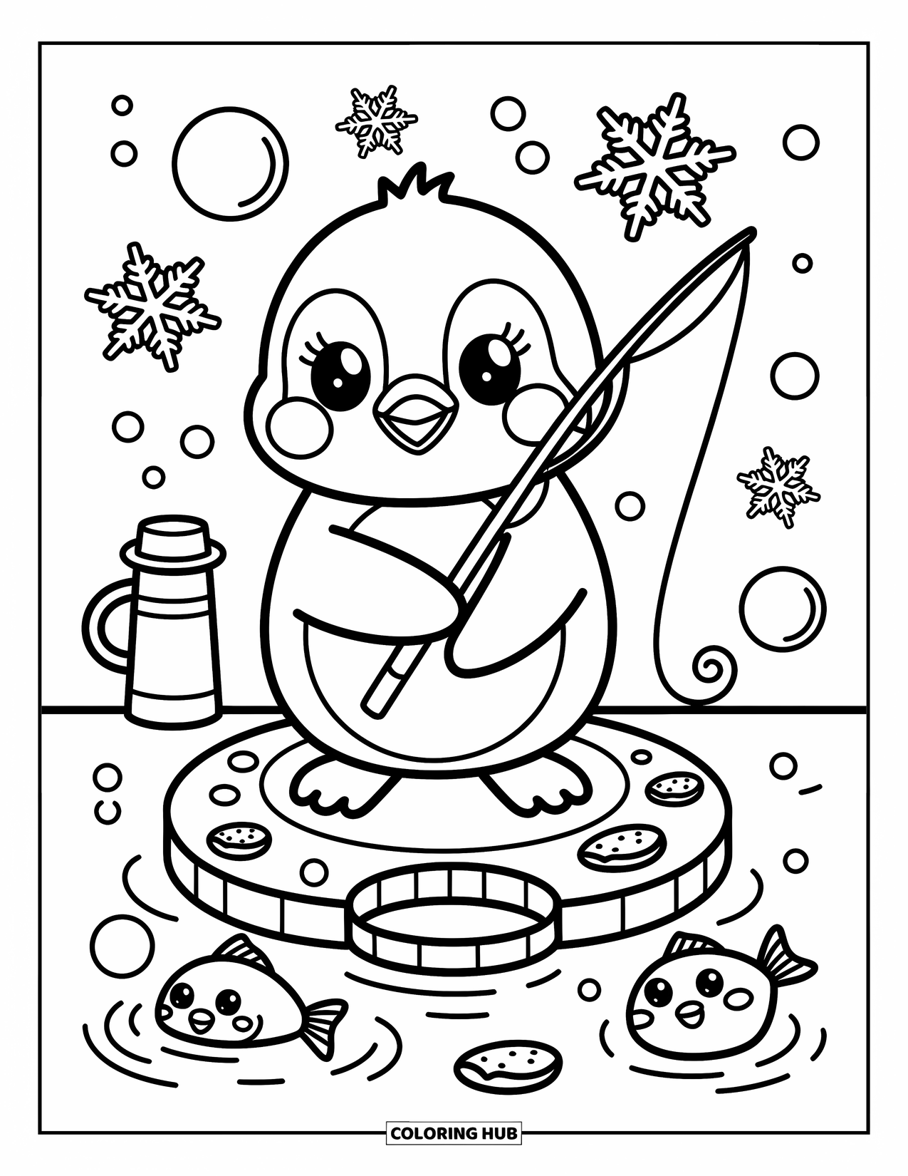 Desenho de Pescaria para Colorir para Adultos: Um pequeno pinguim pesca no gelo com flocos de neve, biscoitos e peixes sorridentes abaixo