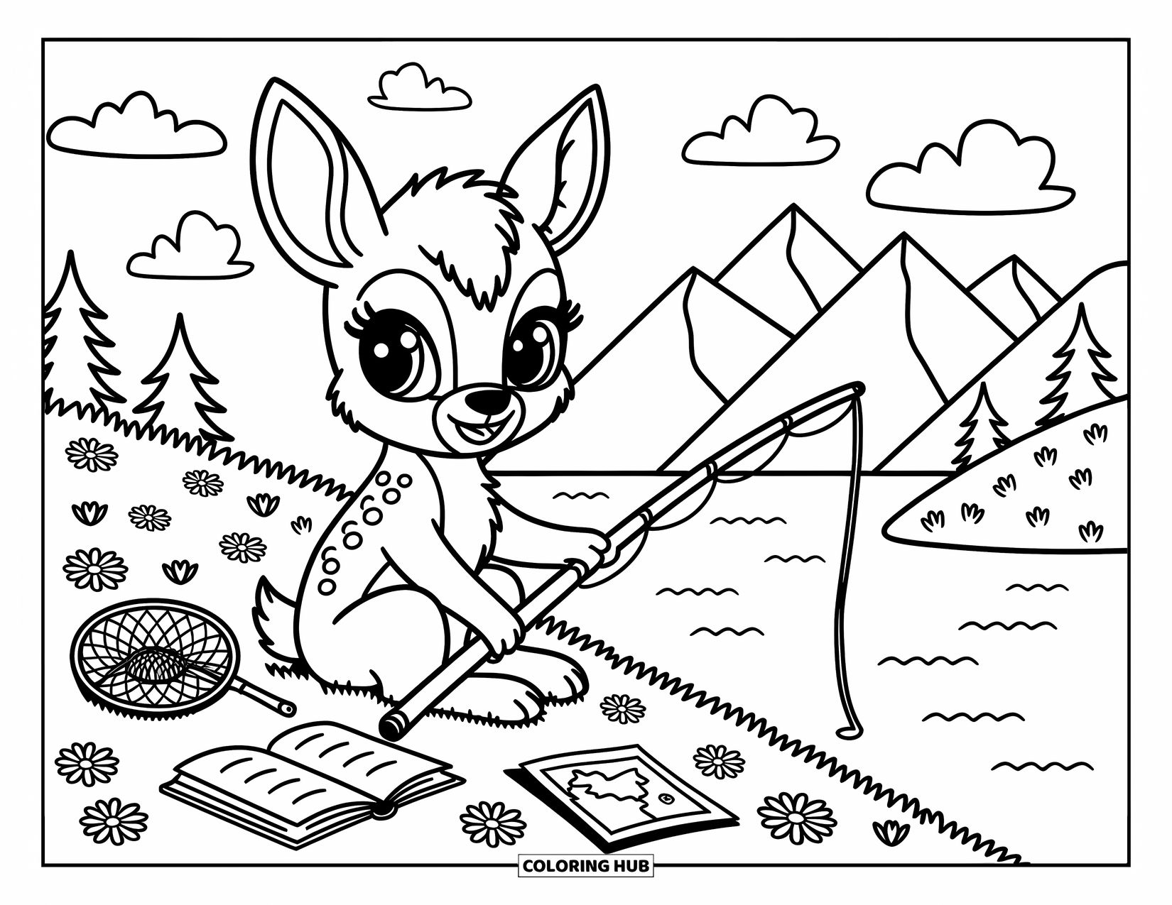 Desenho de Pescaria para Colorir para Adultos: Um cervo jovem pesca perto de um lago na montanha com margaridas, uma rede de insetos e um mapa de trilha