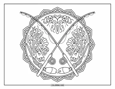 Fishing Coloring Page for Adults: Fishing rods sit at the center of a floral mandala with hooks and patterns