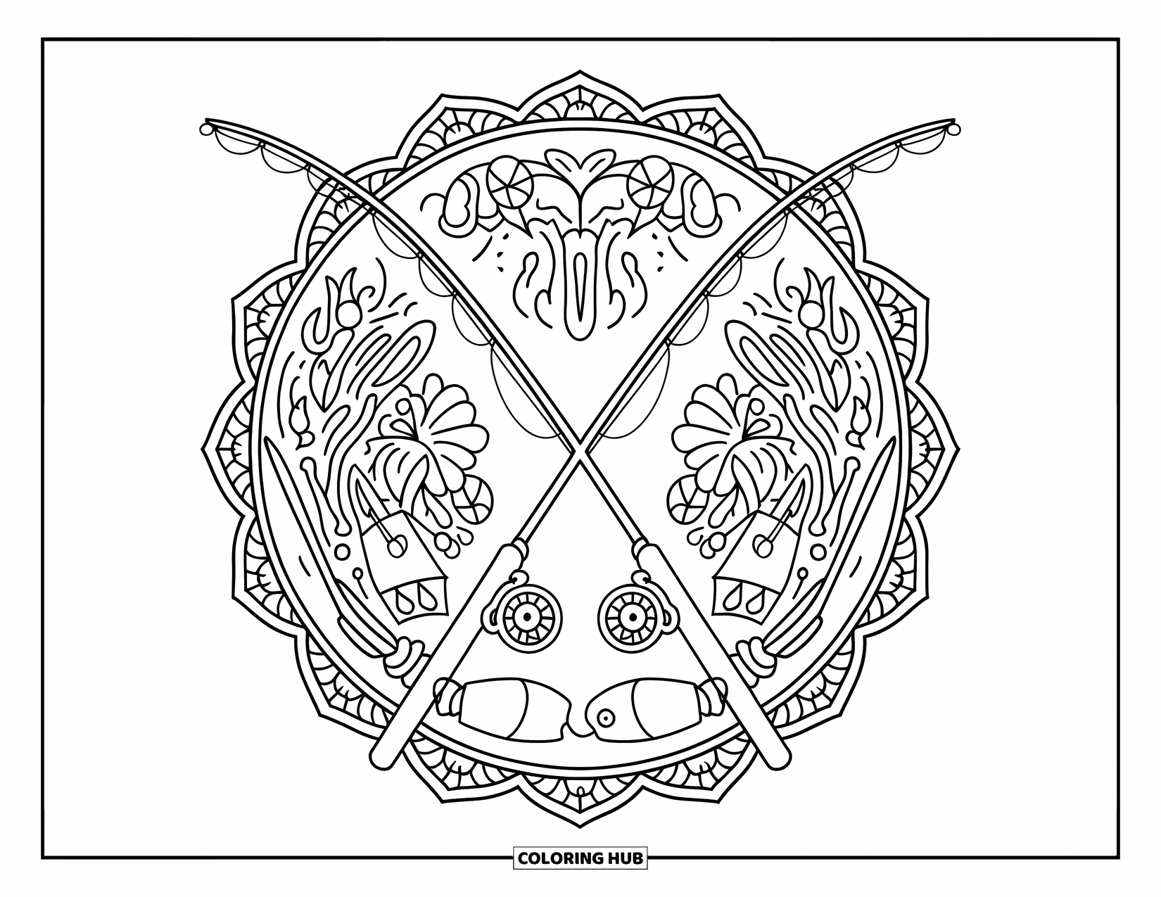 Desenho de Pescaria para Colorir para Adultos: Varas de pesca estão no centro de uma mandala floral com anzóis e padrões