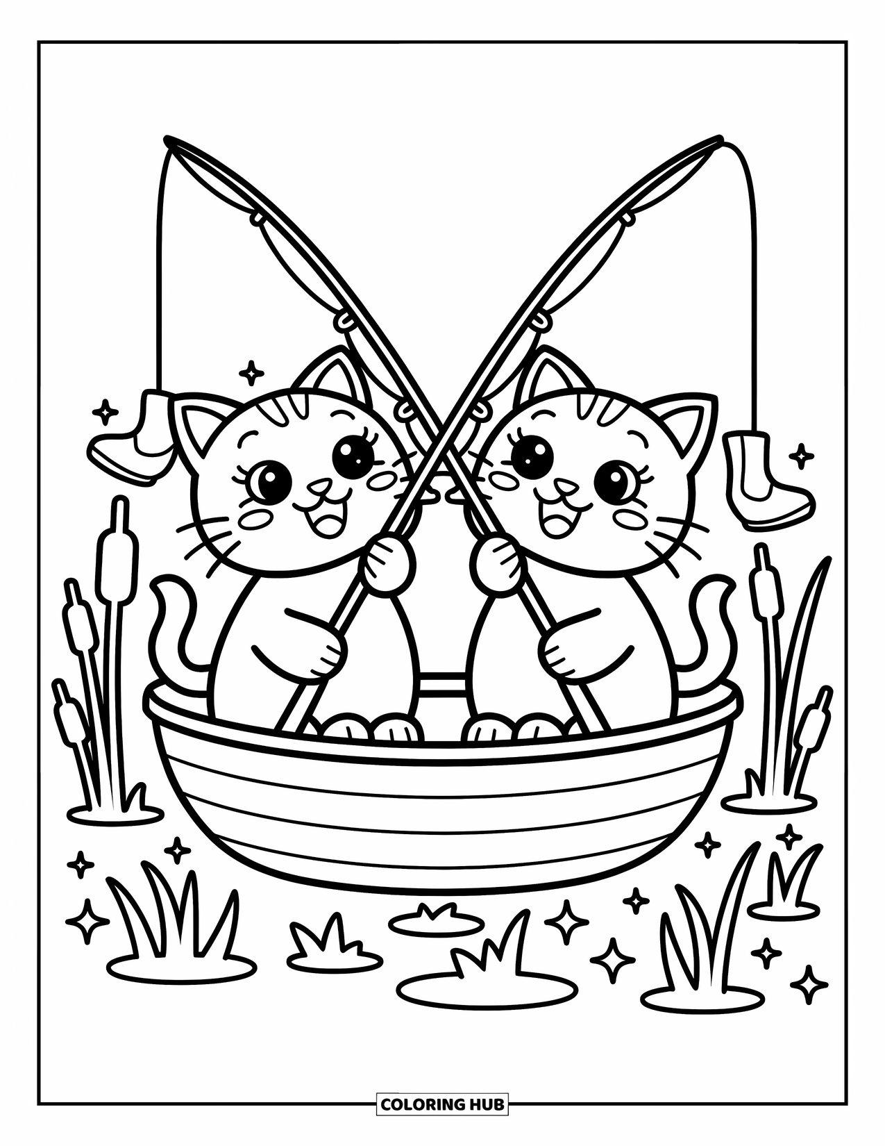 Desenho de Pescaria para Colorir para Adultos: Dois gatos kawaii pescam juntos em um barco com bolhas, taboas e risadinhas