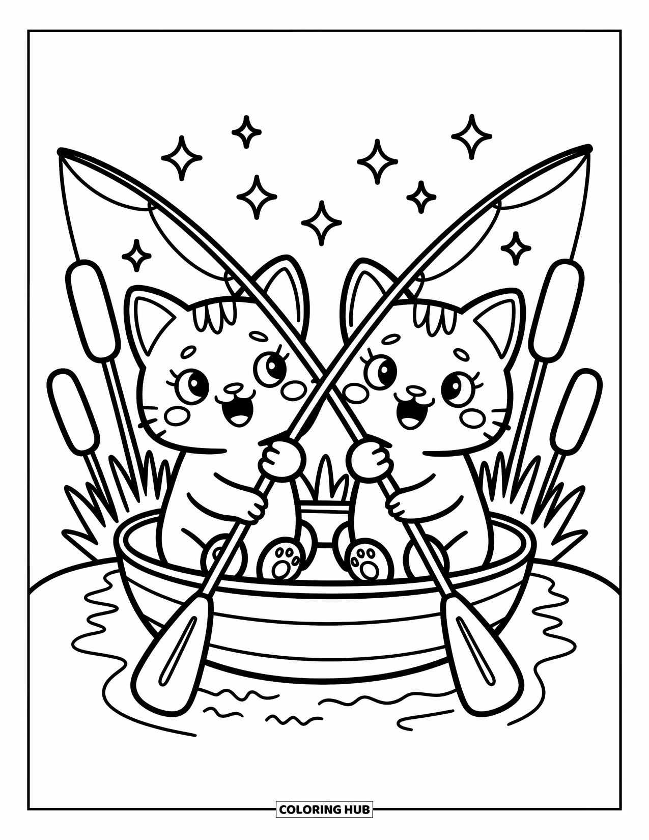 Desenho de Pescaria para Colorir para Adultos: Dois gatos brincalhões pescam em um barco, um pegando uma bota enquanto o outro ri