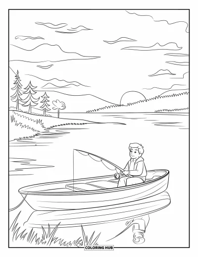 Fishing Coloring Page for Kids: A boat drifts on calm waters as a teen fishes at sunrise
