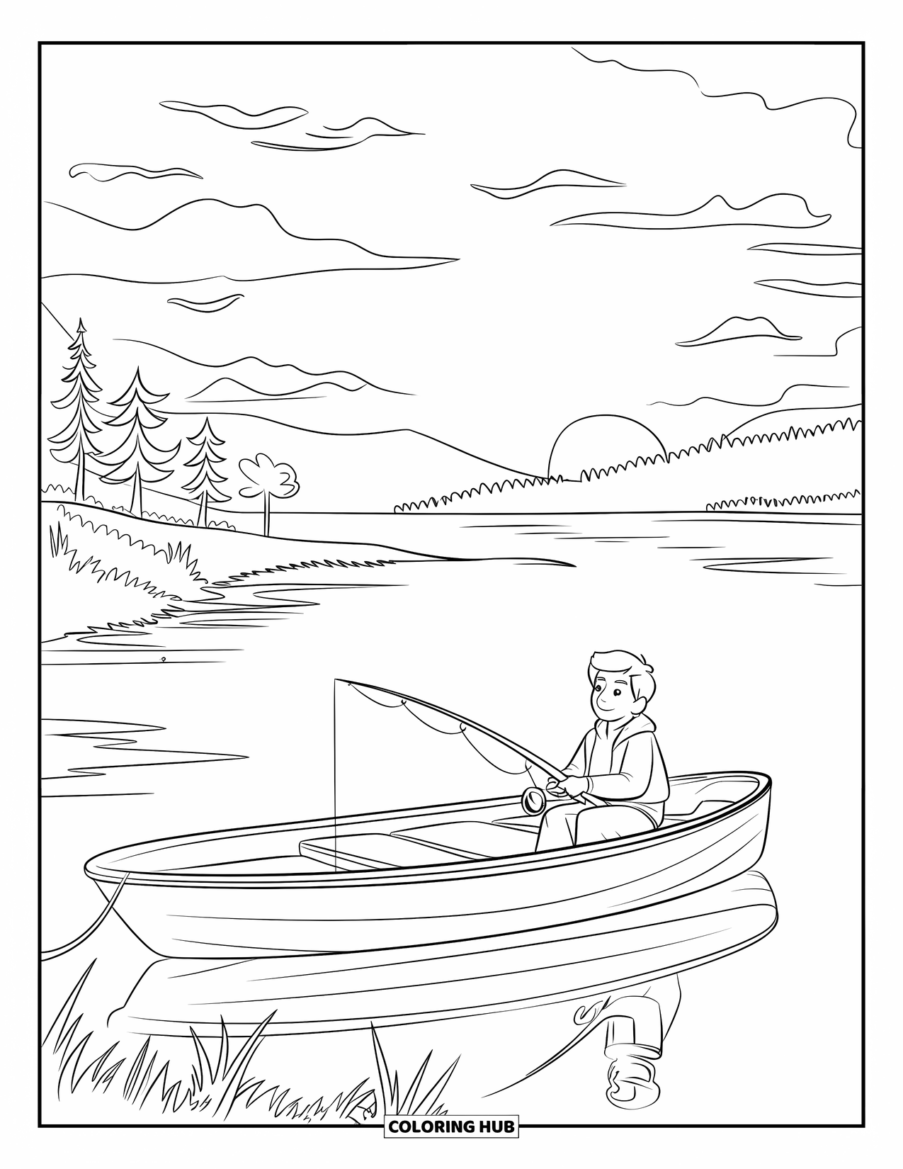 Desenho de Pescaria para Colorir para Crianças: Um barco deriva em águas calmas enquanto um adolescente pesca ao nascer do sol