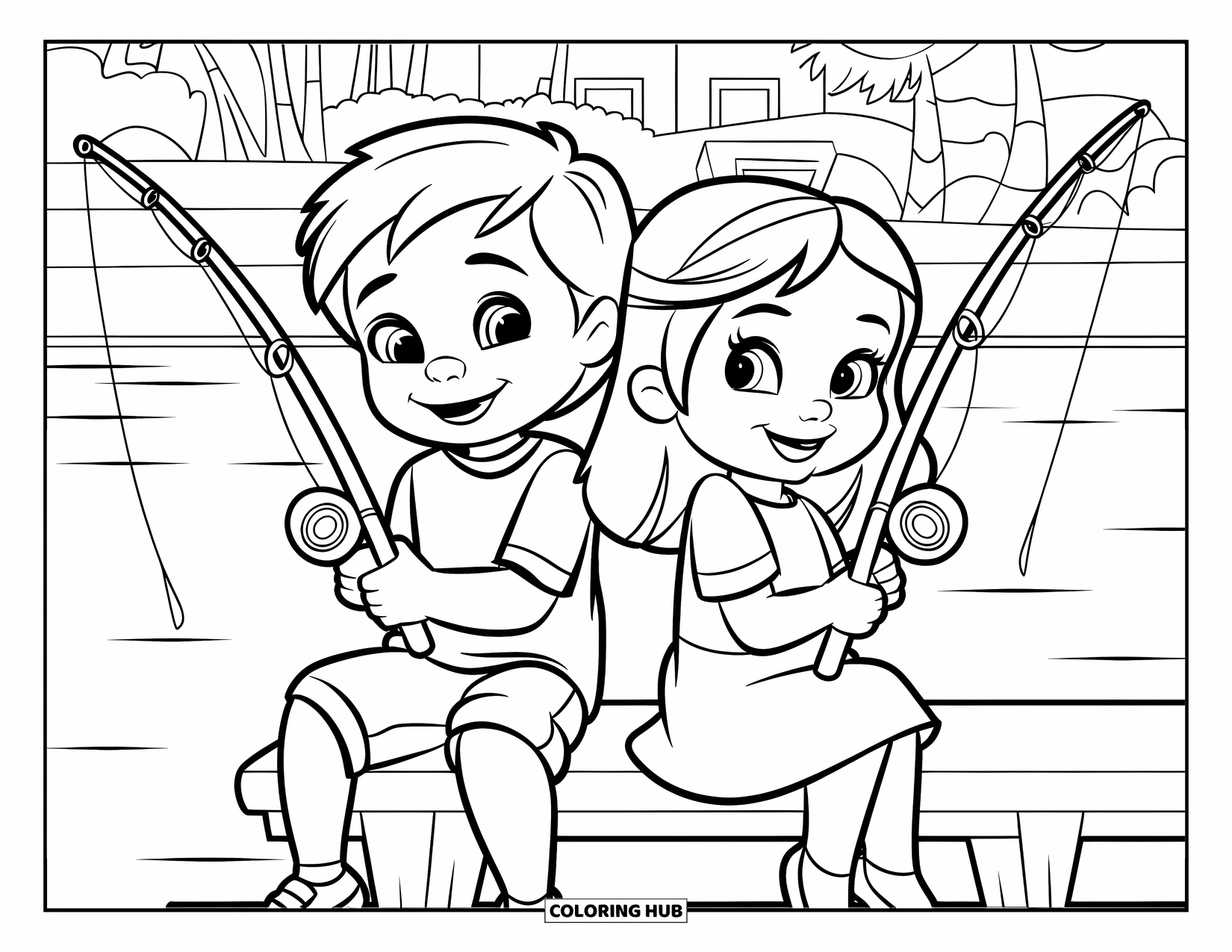 Desenho de Pescaria para Colorir para Crianças: Um menino e uma menina pescam alegremente de uma doca com árvores ao fundo