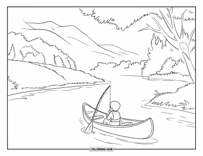 Fishing Coloring Page for Kids: A calm river scene with a child fishing from inside a canoe