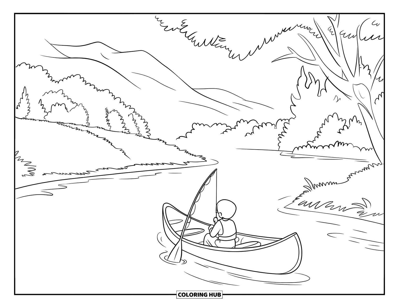 Desenho de Pescaria para Colorir para Crianças: Uma cena de rio calmo com uma criança pescando de dentro de uma canoa