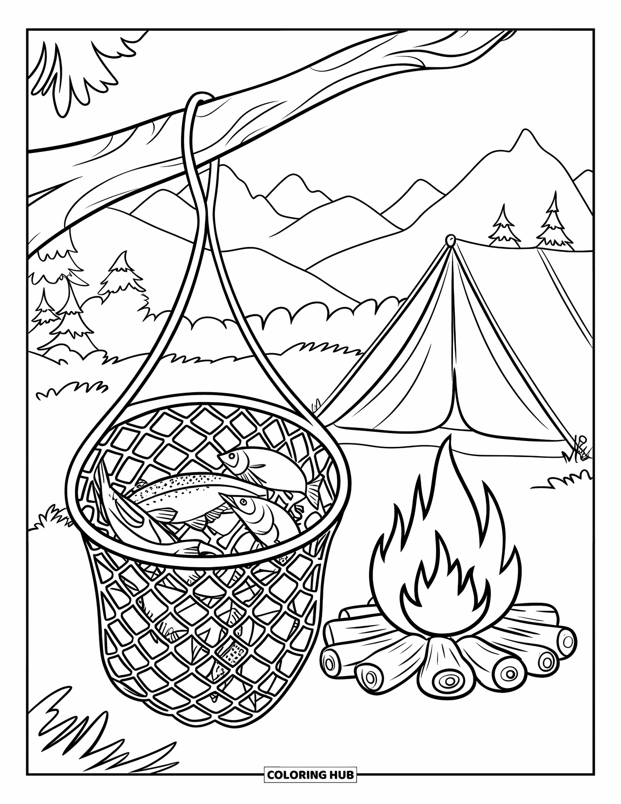 Desenho de Pescaria para Colorir para Crianças: Uma cena de fogueira com uma rede de peixes ao lado de uma barraca tranquila