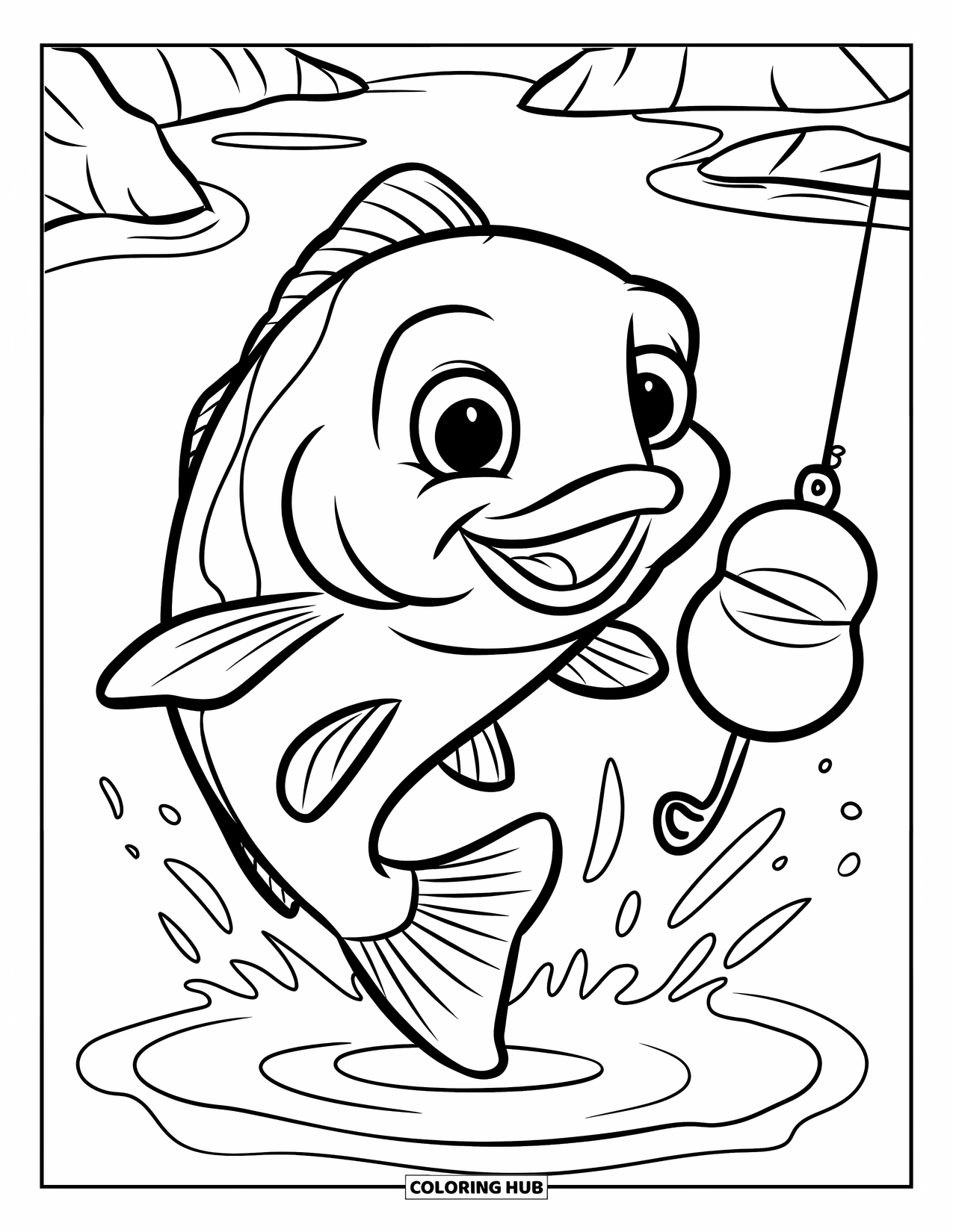 Desenho de Pescaria para Colorir para Crianças: Um peixe alegre salta perto de uma bóia na água com pedras por perto