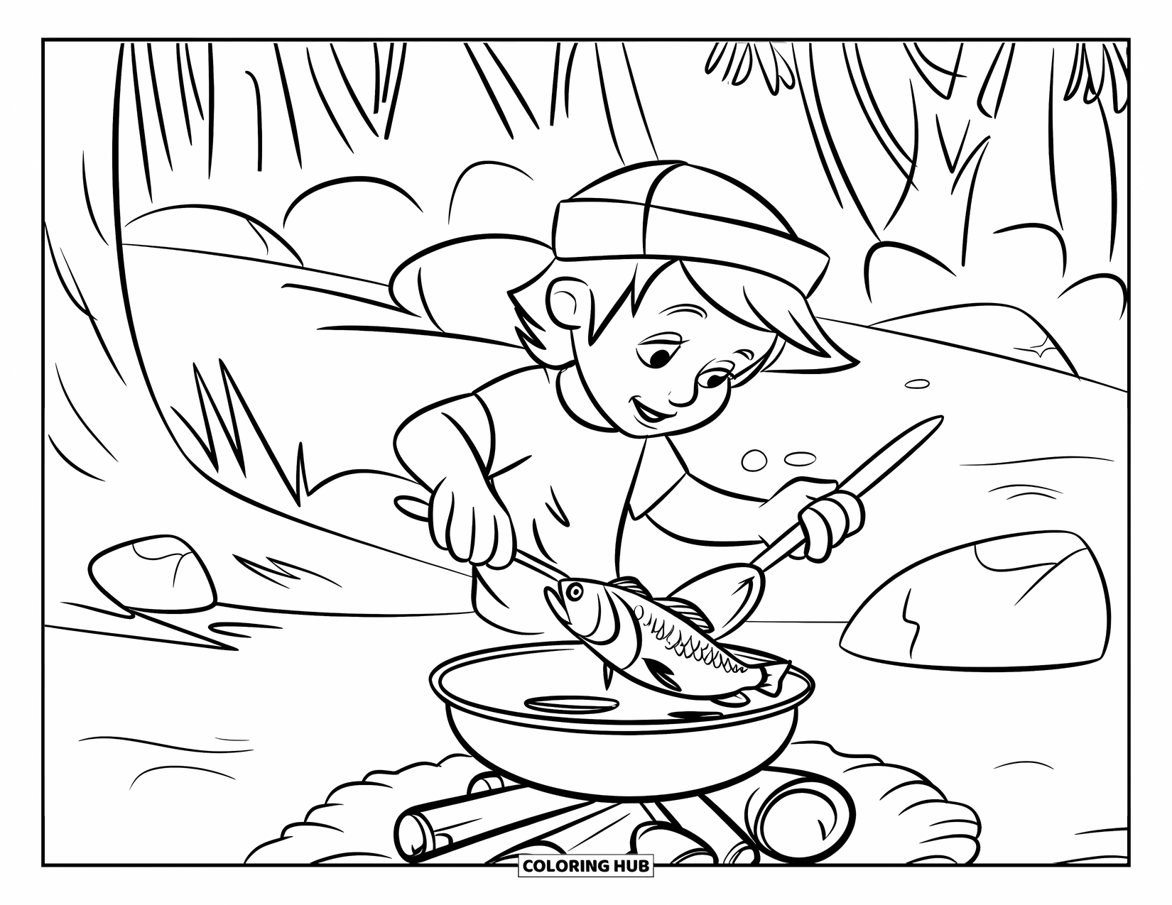 Desenho de Pescaria para Colorir para Crianças: Uma criança cozinha seu peixe sobre uma pequena fogueira na floresta