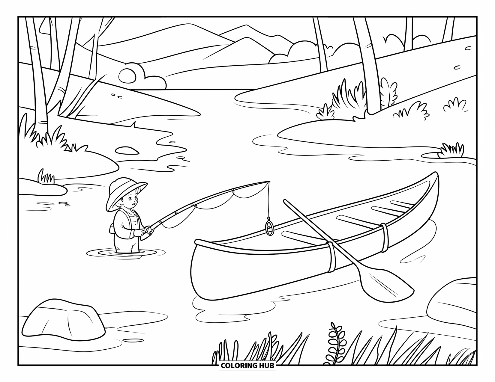 Desenho de Pescaria para Colorir para Crianças: Uma criança pesca perto de um rio tranquilo onde uma canoa flutua por perto