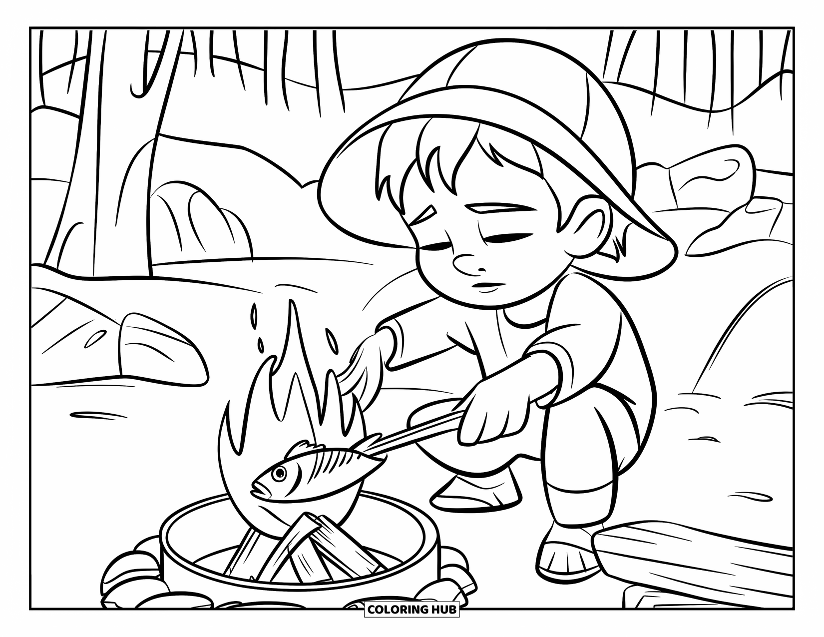 Desenho de Pescaria para Colorir para Crianças: Uma criança se concentra em cozinhar peixe sobre uma pequena fogueira quente