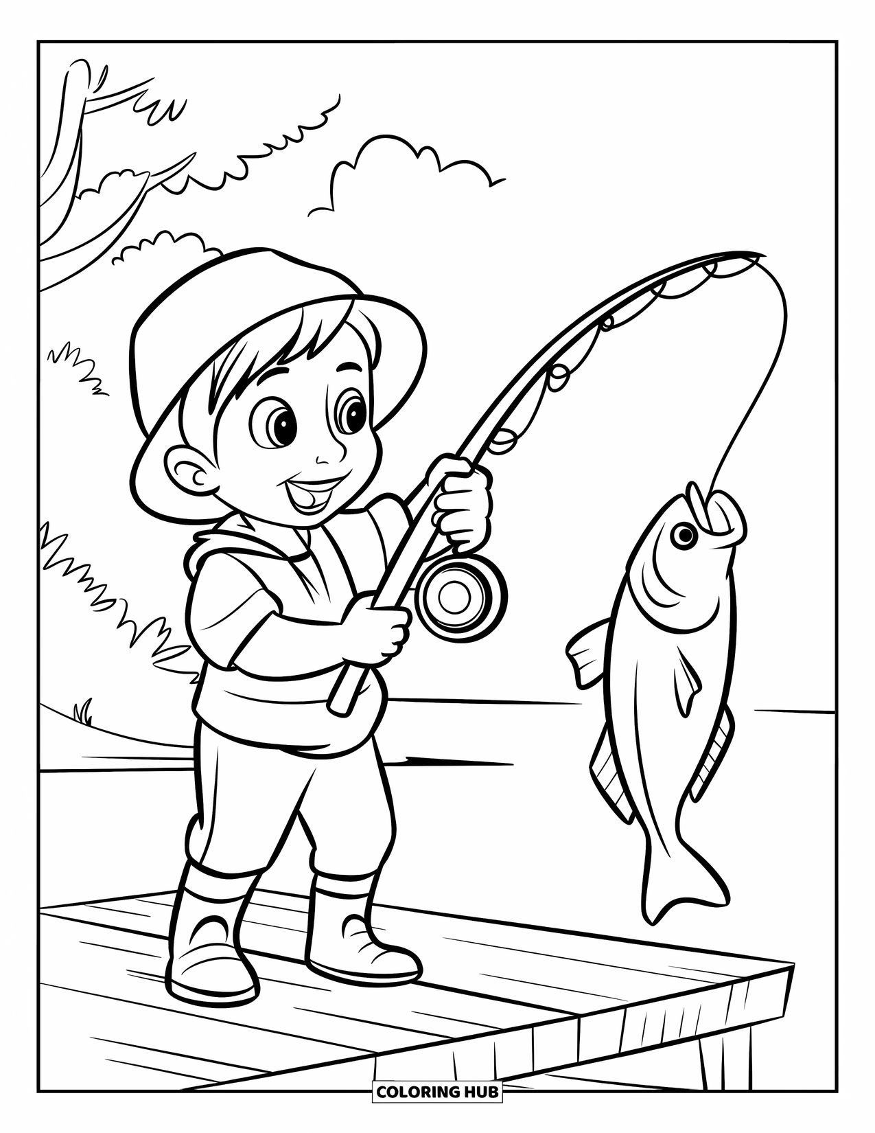 Desenho de Pescaria para Colorir para Crianças: Uma criança puxa um peixe em uma doca sob um céu amplo e claro