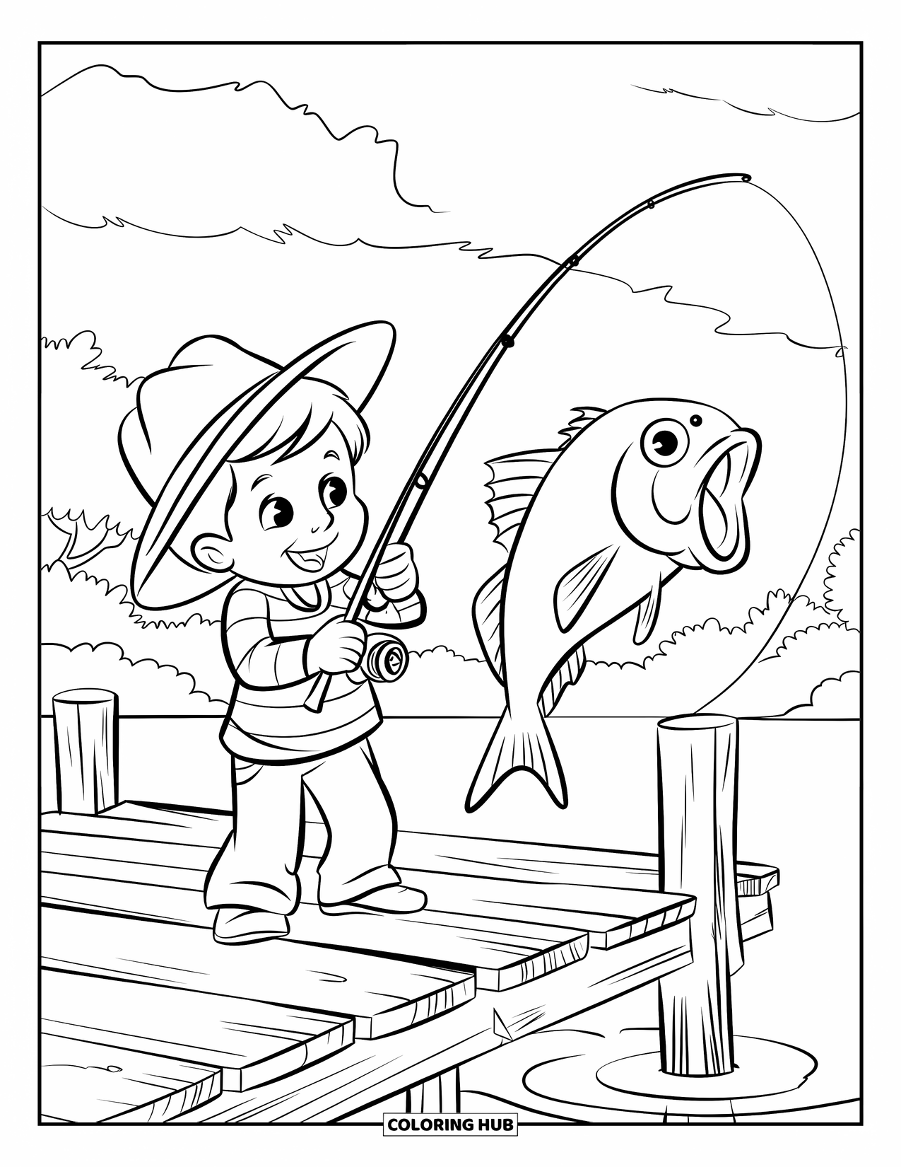 Desenho de Pescaria para Colorir para Crianças: Uma criança puxa um peixe grande enquanto está em uma doca com tábuas faltando