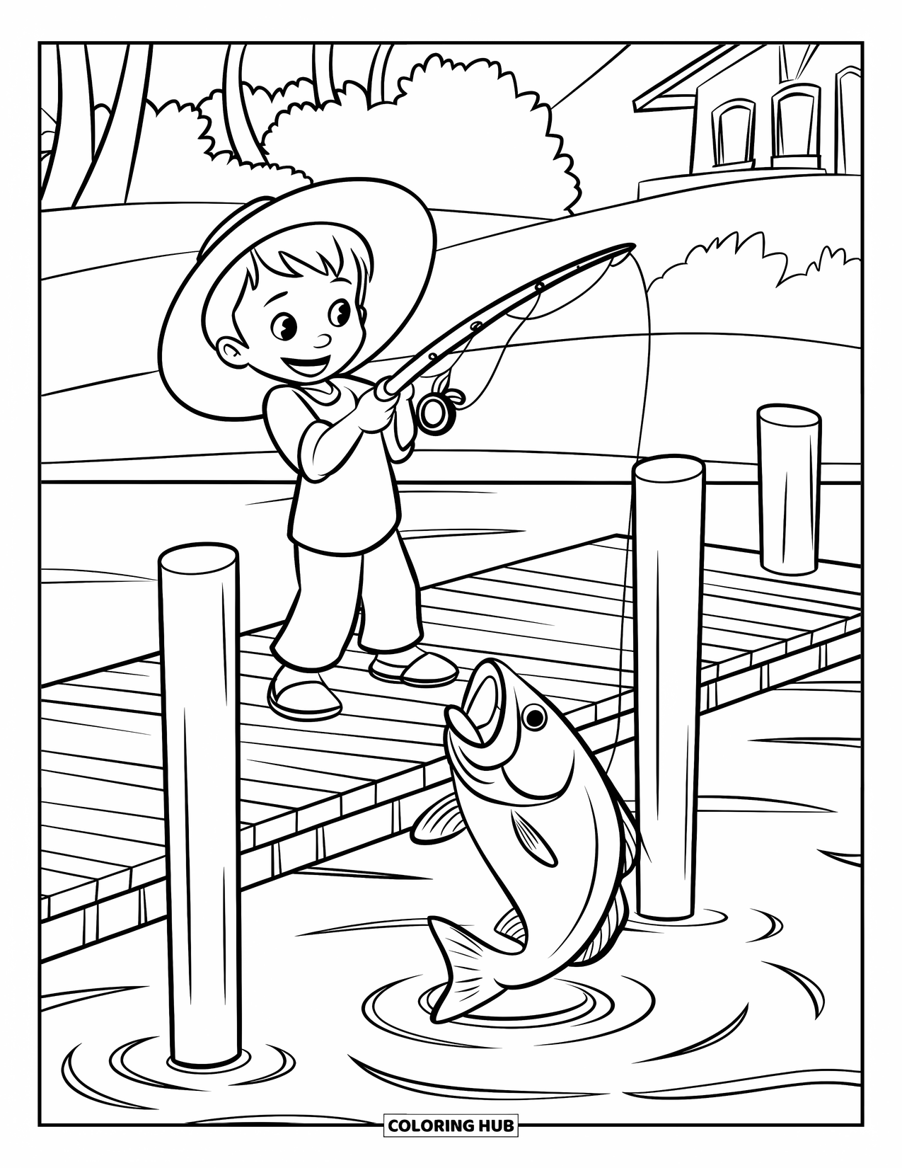 Desenho de Pescaria para Colorir para Crianças: Uma criança puxa um peixe em uma doca cercada por árvores e edifícios