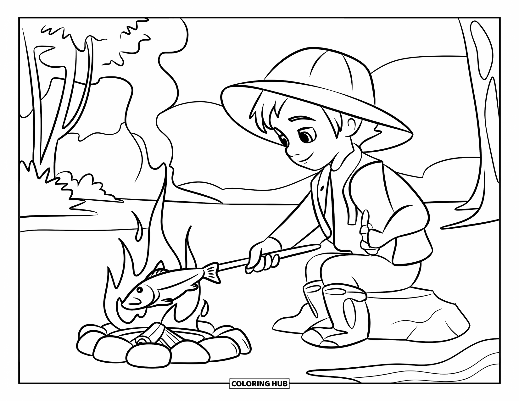 Desenho de Pescaria para Colorir para Crianças: Uma criança está em uma rocha cozinhando peixe sobre uma fogueira na montanha