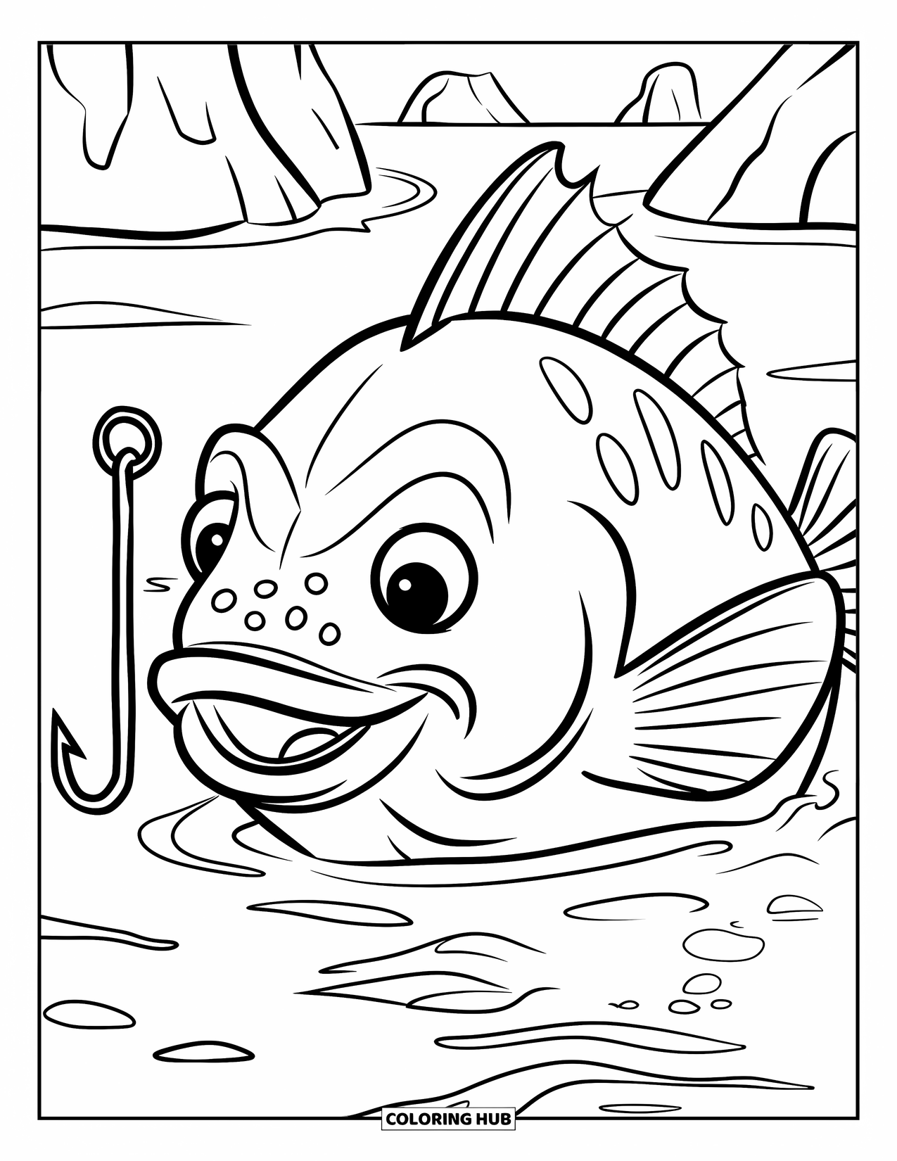 Desenho de Pescaria para Colorir para Crianças: Um peixe coroado sorri perto de um anzol na água com pedras ao redor
