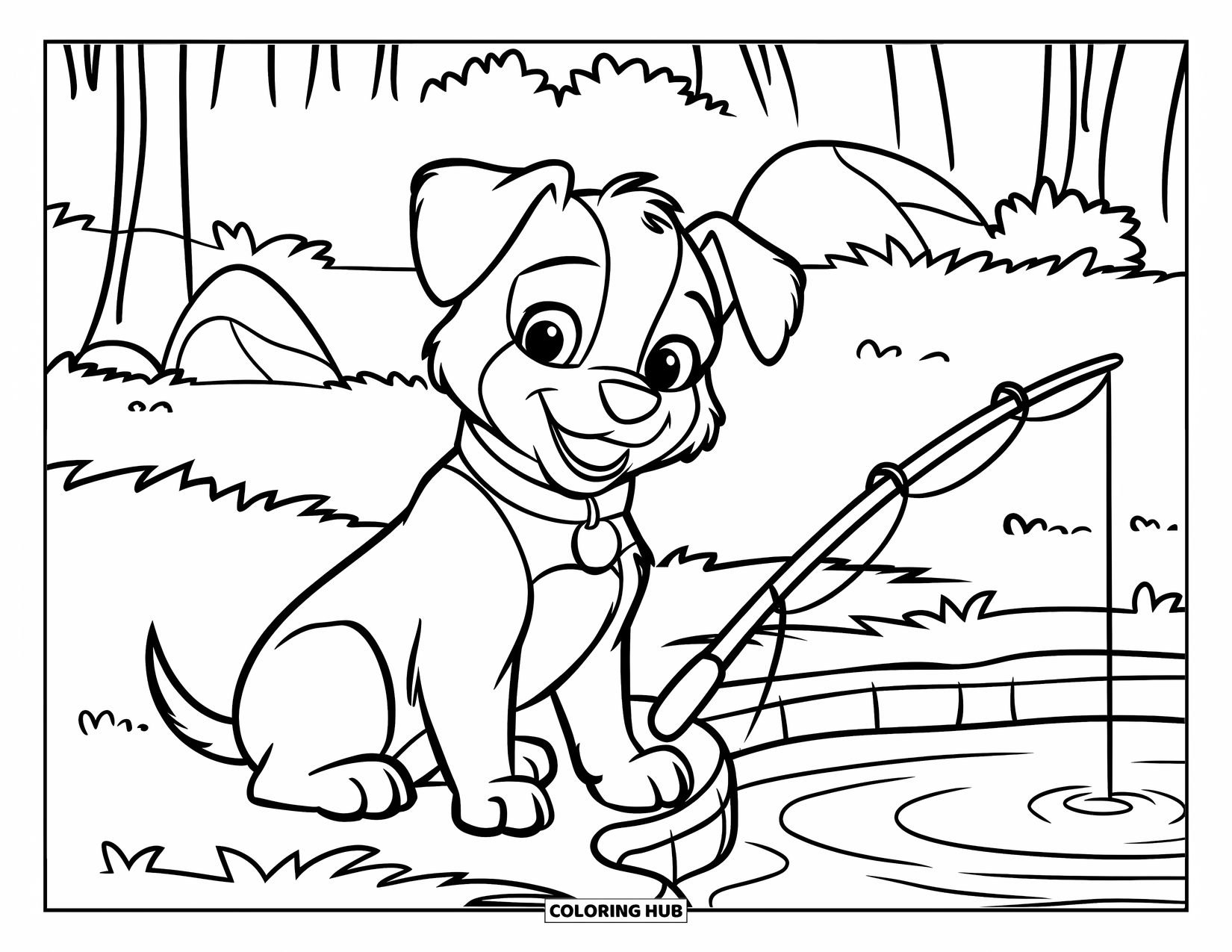 Desenho de Pescaria para Colorir para Crianças: Um filhote fofo pesca perto de um lago, sentado com uma vara entre árvores e pedras