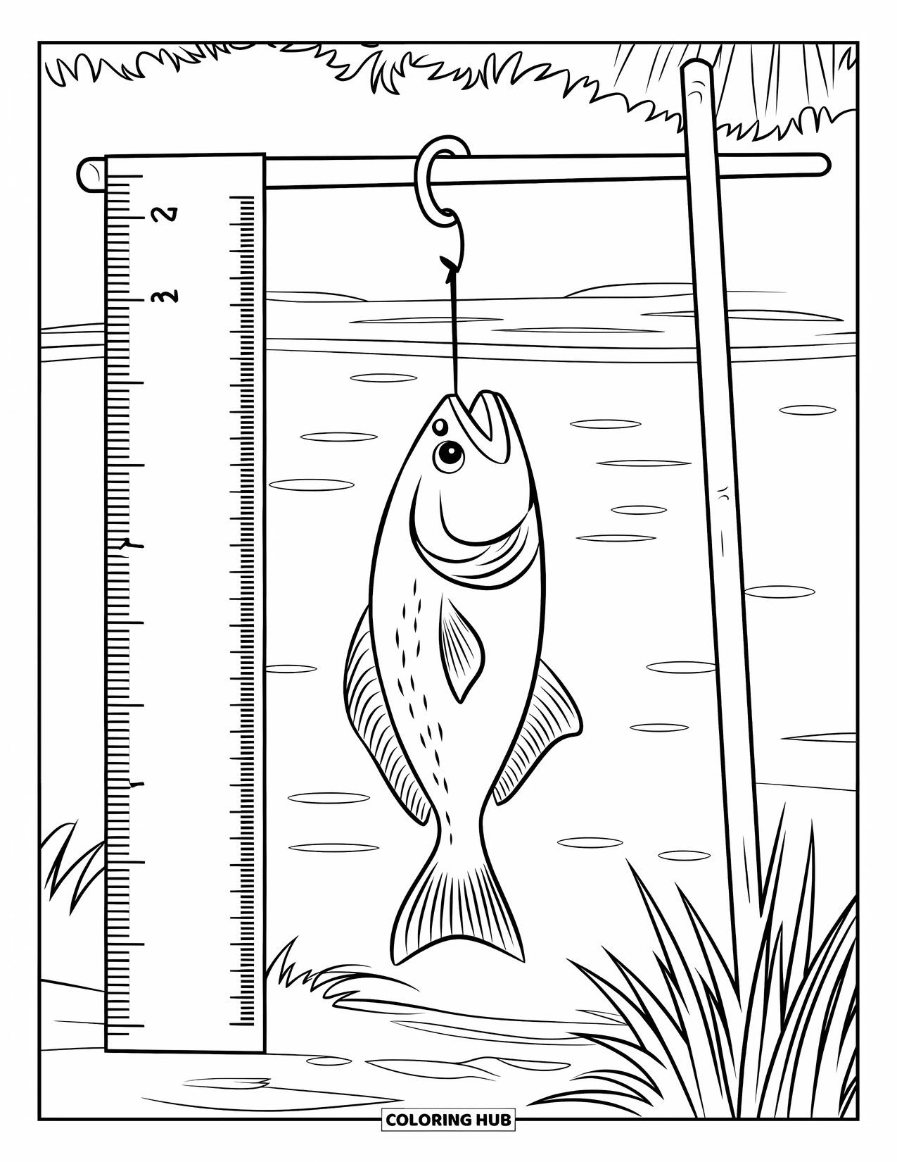 Desenho de Pescaria para Colorir para Crianças: Um peixe pendurado acima de uma régua ao lado de vegetação exuberante