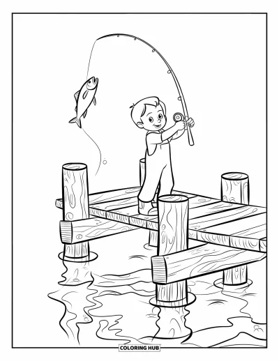 Fishing Coloring Page for Kids: A fish is hooked mid-air as a child reels it in on a wooden dock
