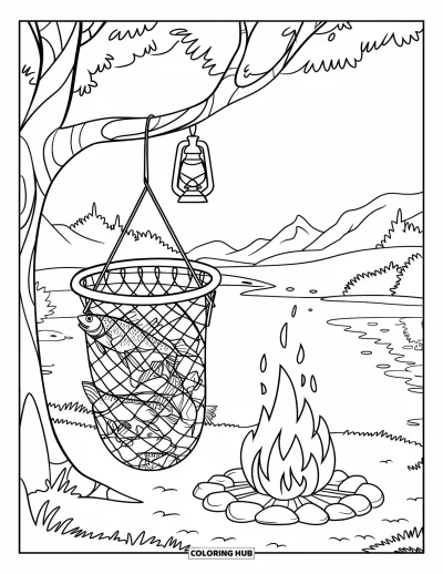 Fishing Coloring Page for Kids: A fishing net full of fish hangs near a warm campfire