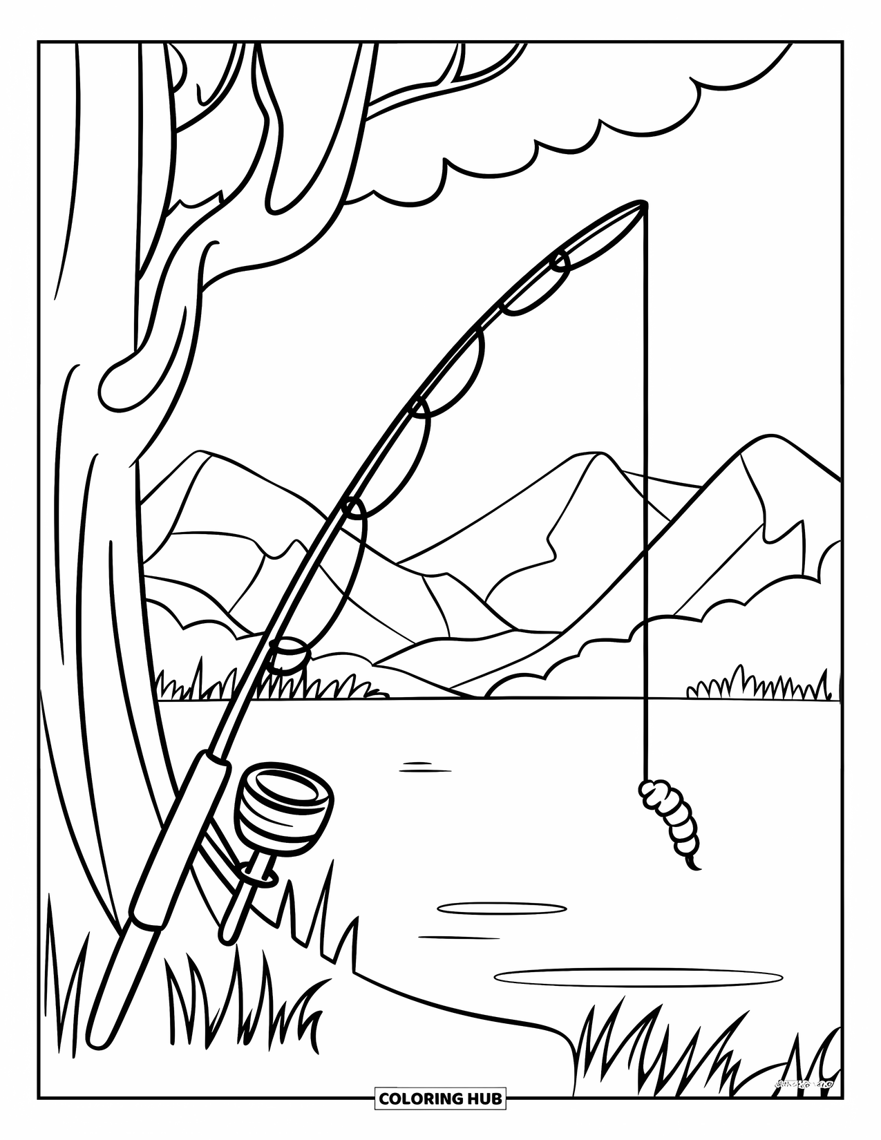 Desenho de Pescaria para Colorir para Crianças: Uma vara de pescar se apoia em uma árvore perto de uma minhoca e uma paisagem montanhosa gramada